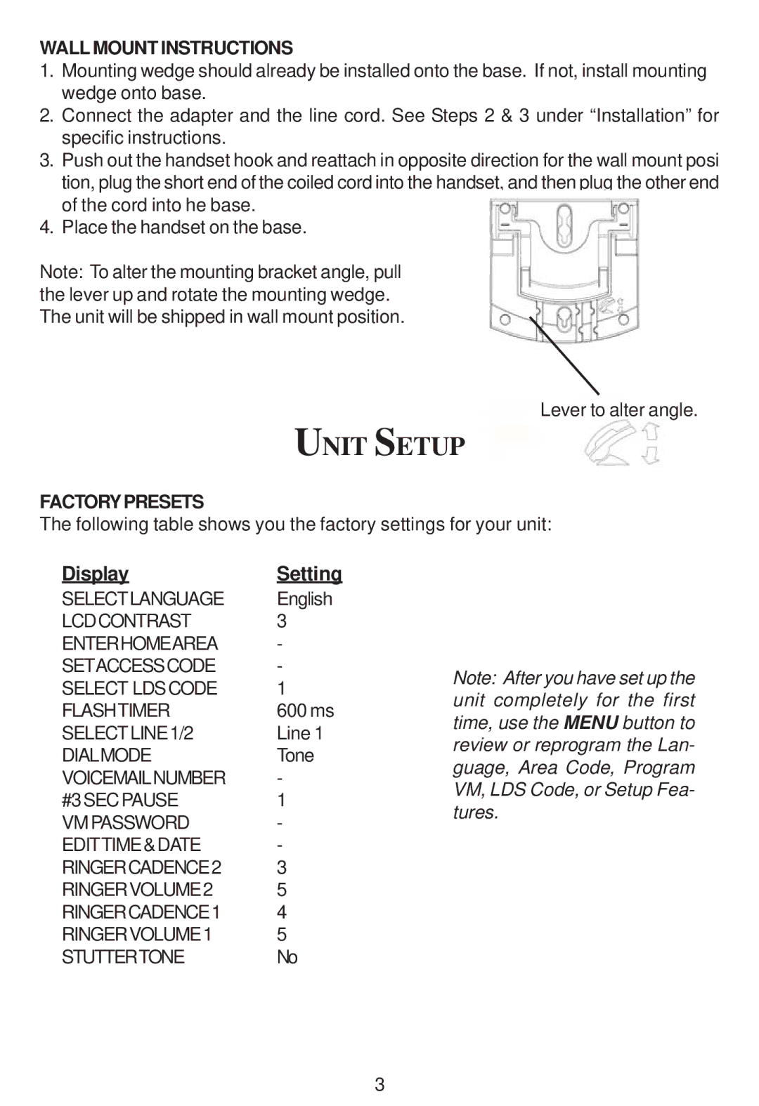 Cortelco 3220 instruction manual Unit Setup, Wall Mount Instructions, Factorypresets 