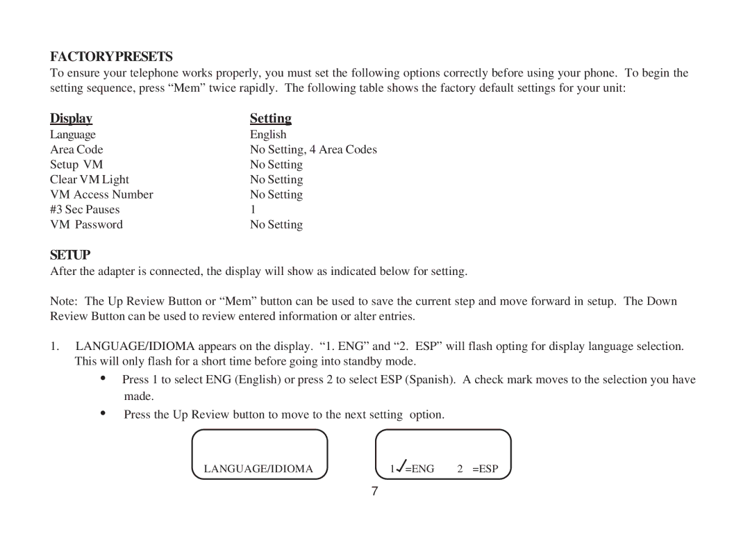 Cortelco 3719 instruction manual Factorypresets, Setup 