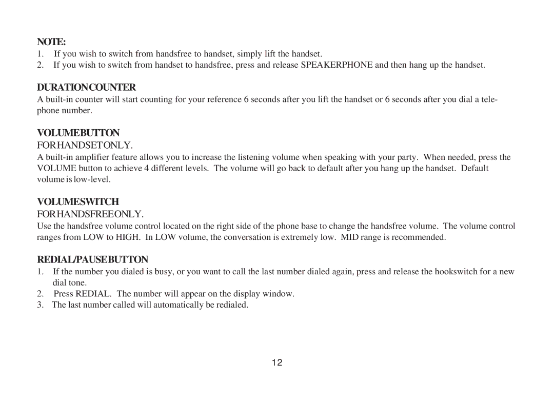 Cortelco 3719 instruction manual Durationcounter, Volumebutton, Volumeswitch, Redial/Pausebutton 