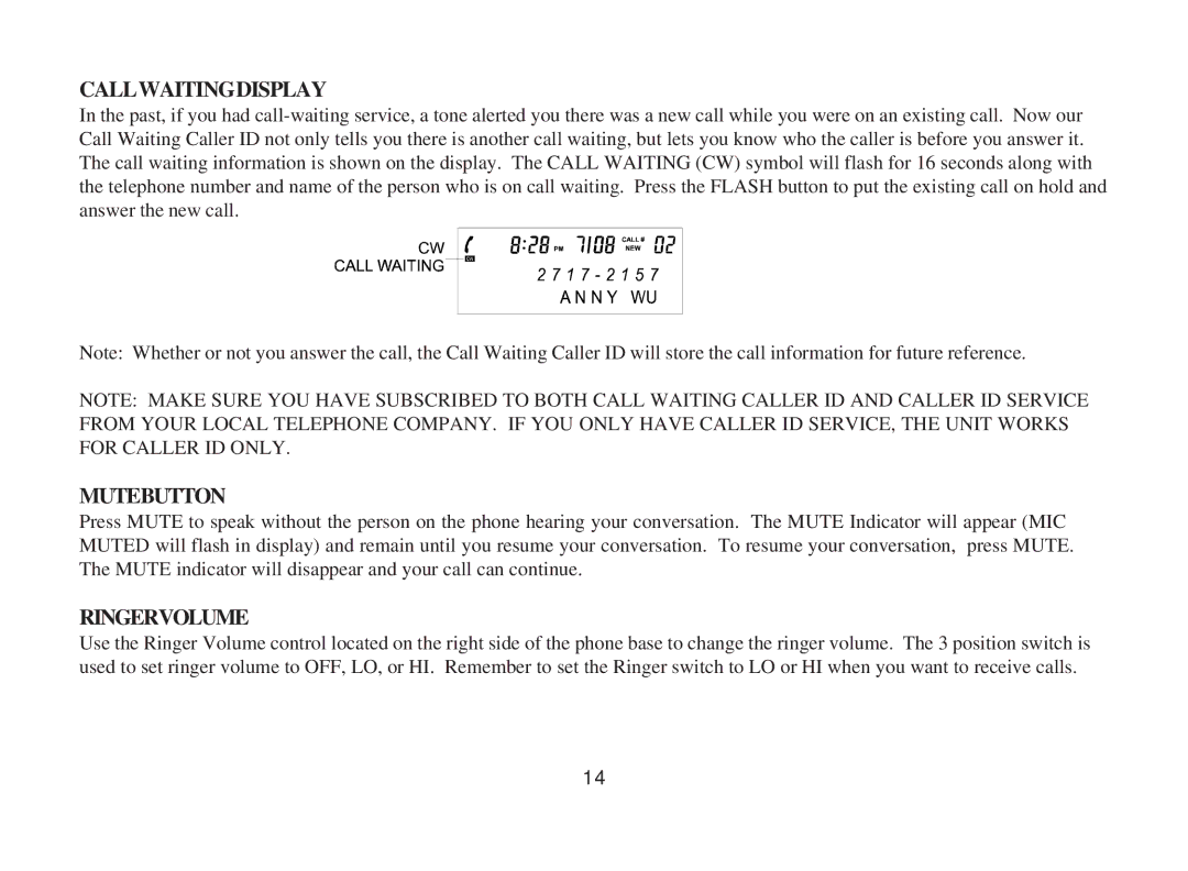 Cortelco 3719 instruction manual Callwaitingdisplay, Mutebutton, Ringervolume 