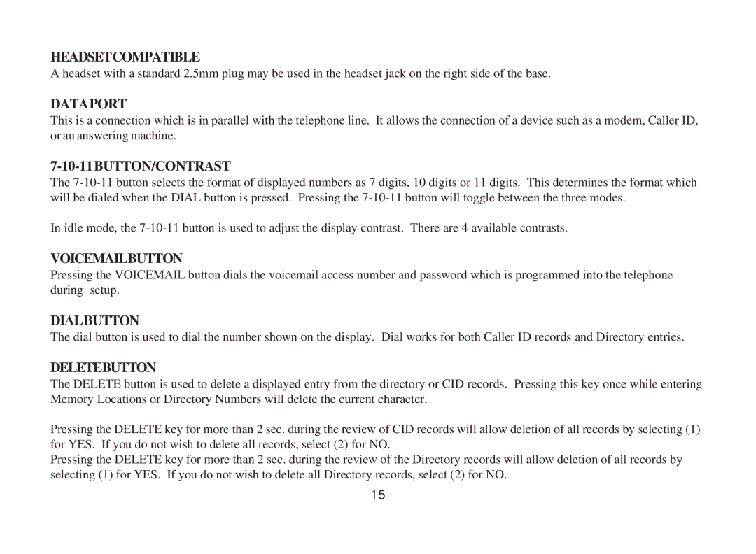 Cortelco 3719 Headsetcompatible, Dataport, 10-11BUTTON/CONTRAST, Voicemailbutton, Dialbutton, Deletebutton 
