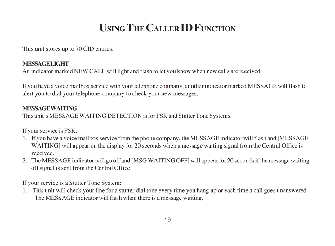 Cortelco 3719 instruction manual Using the Caller Idfunction, Messagelight, Messagewaiting 