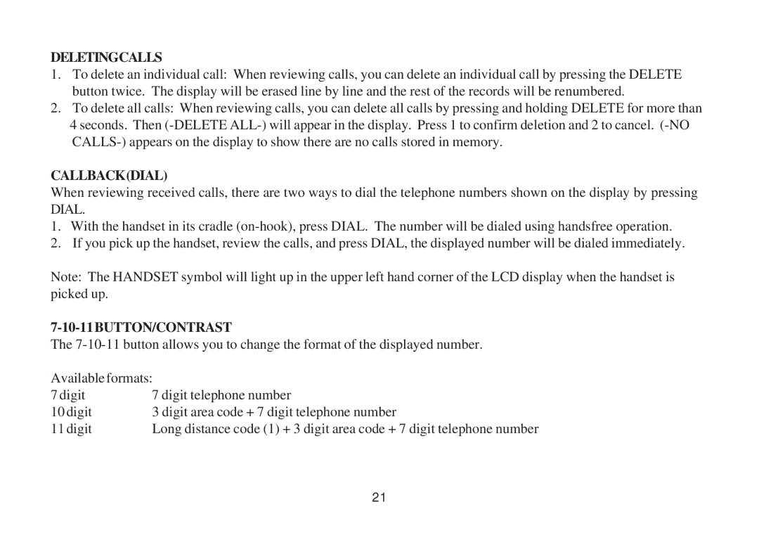 Cortelco 3719 instruction manual Deletingcalls, Callbackdial 