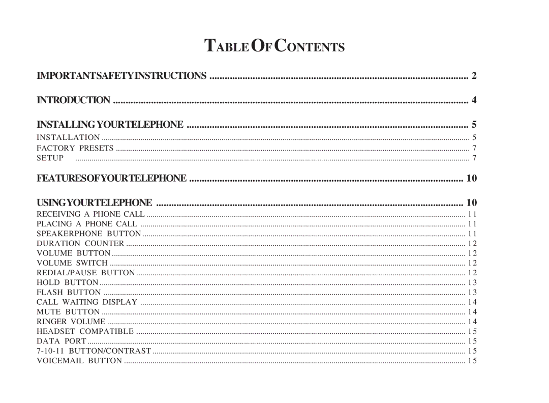 Cortelco 3719 instruction manual Table of Contents 