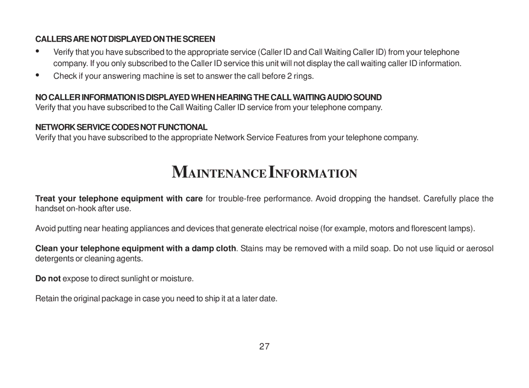 Cortelco 3719 instruction manual Maintenance Information, Callersarenotdisplayedonthescreen 