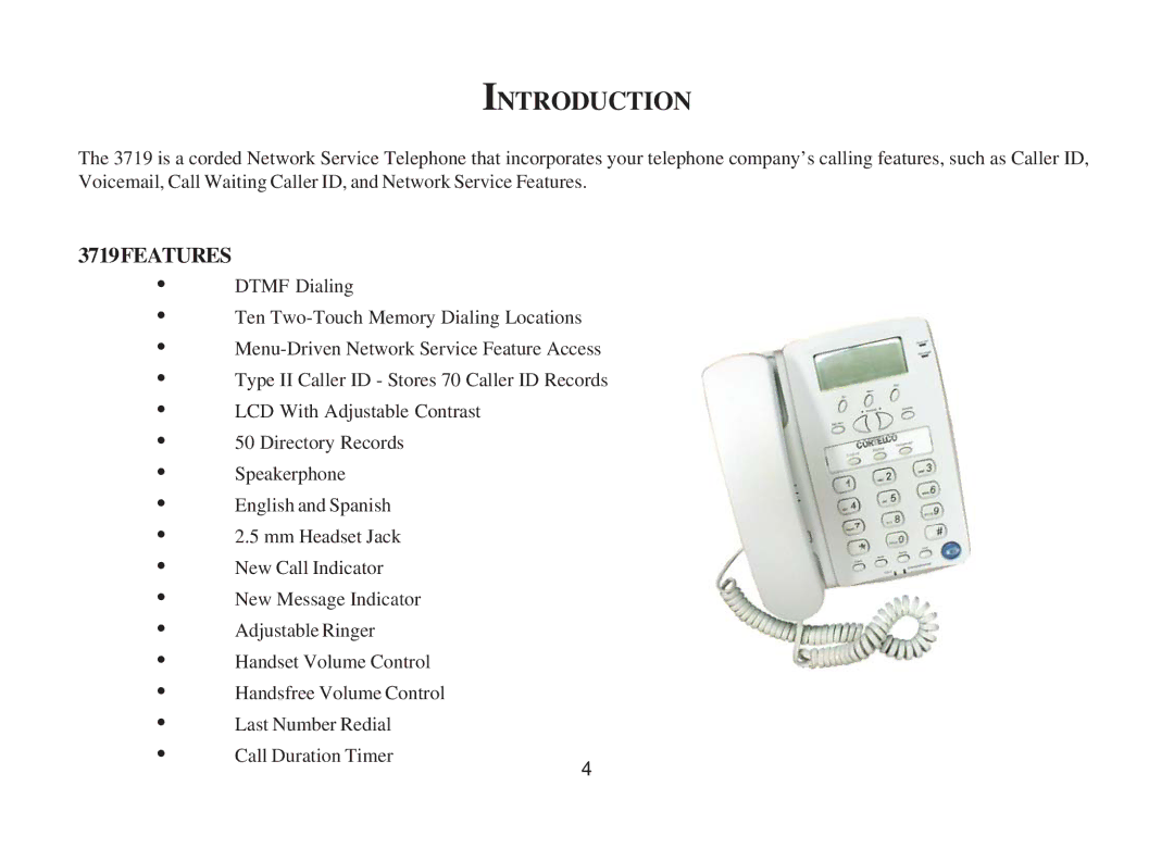 Cortelco instruction manual Introduction, 3719FEATURES 