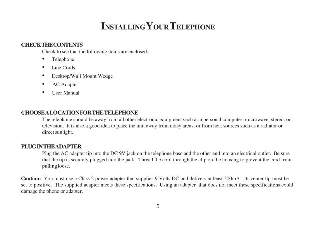 Cortelco 3719 Installingyourtelephone, Checkthecontents, Choosealocationforthetelephone, Plugintheadapter 