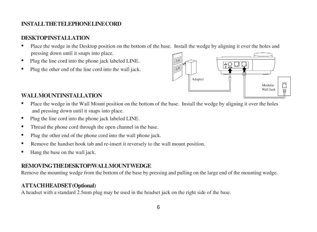 Cortelco 3719 Installthetelephonelinecord Desktopinstallation, Wallmountinstallation, Removingthedesktop/Wallmountwedge 