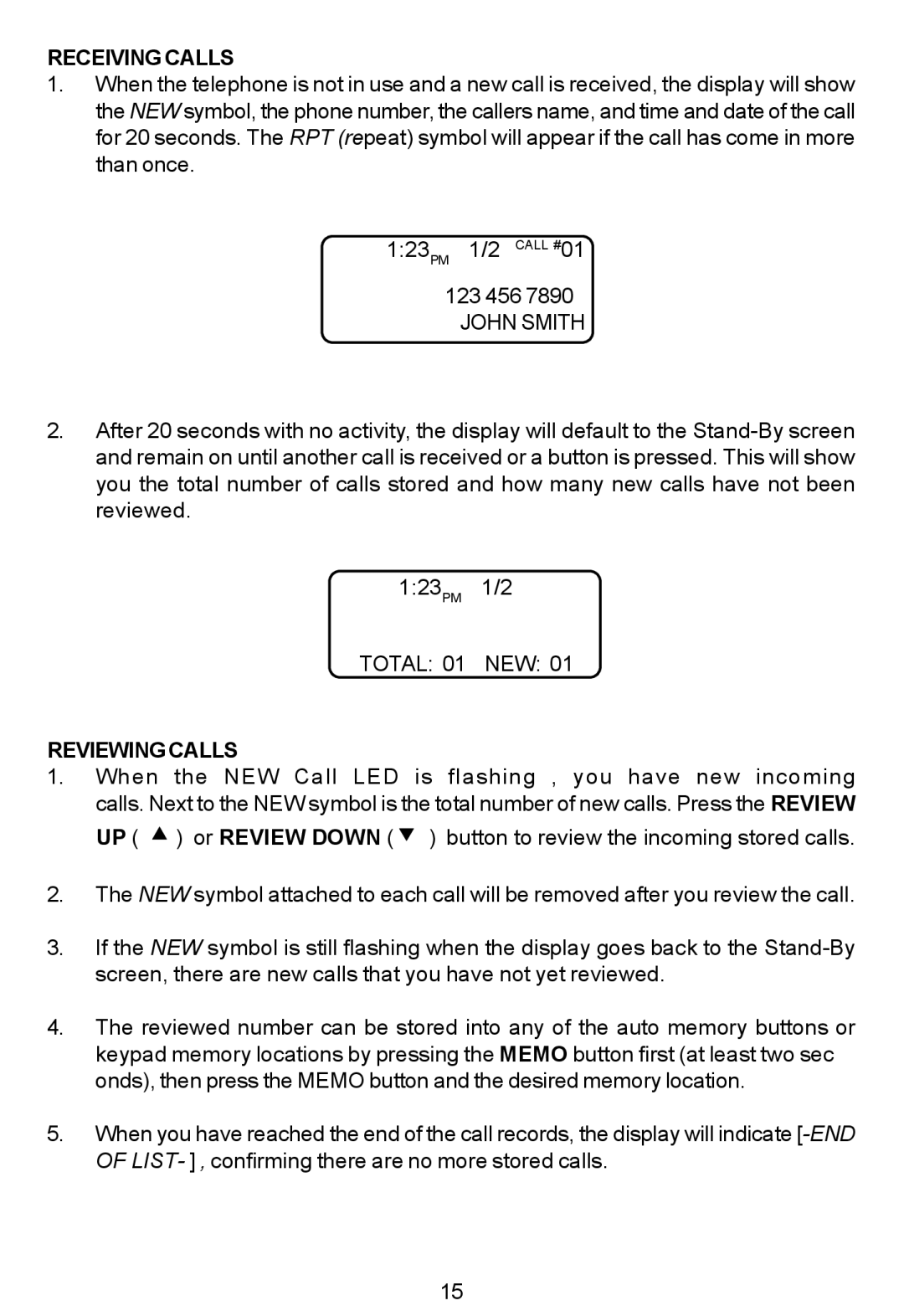 Cortelco 7150 instruction manual Receiving Calls, Reviewing Calls 