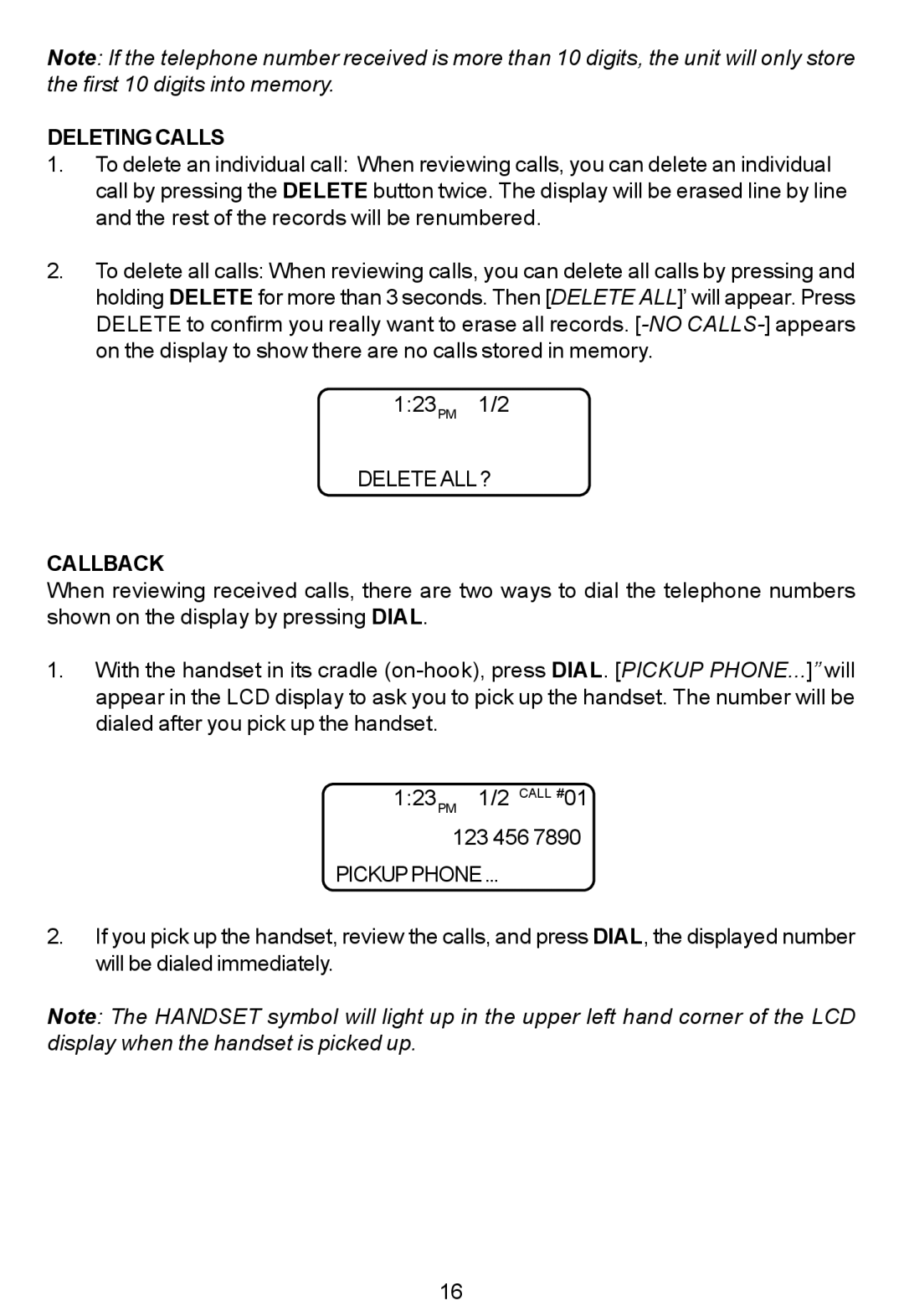 Cortelco 7150 instruction manual Deleting Calls, Delete ALL ?, Callback, Pickupphone 