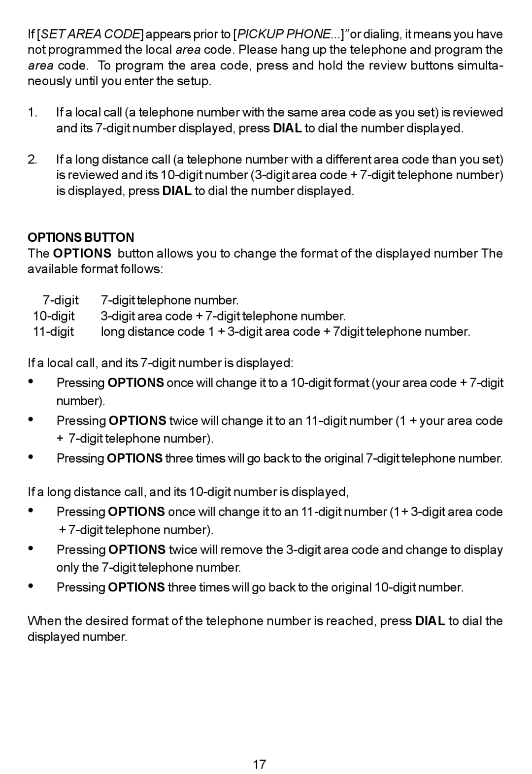 Cortelco 7150 instruction manual Optionsbutton 