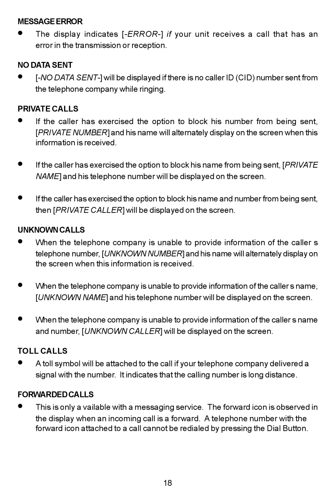 Cortelco 7150 instruction manual Messageerror, No Data Sent, Private Calls, Unknowncalls, Toll Calls, Forwardedcalls 