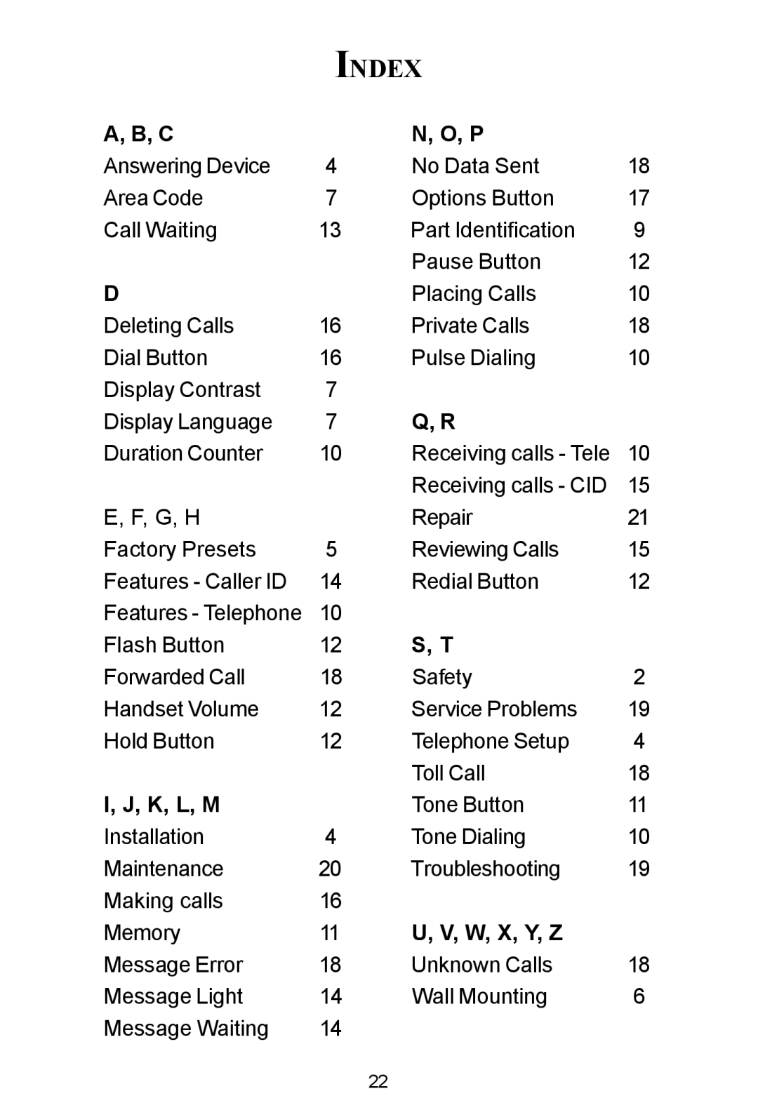 Cortelco 7150 instruction manual Index 