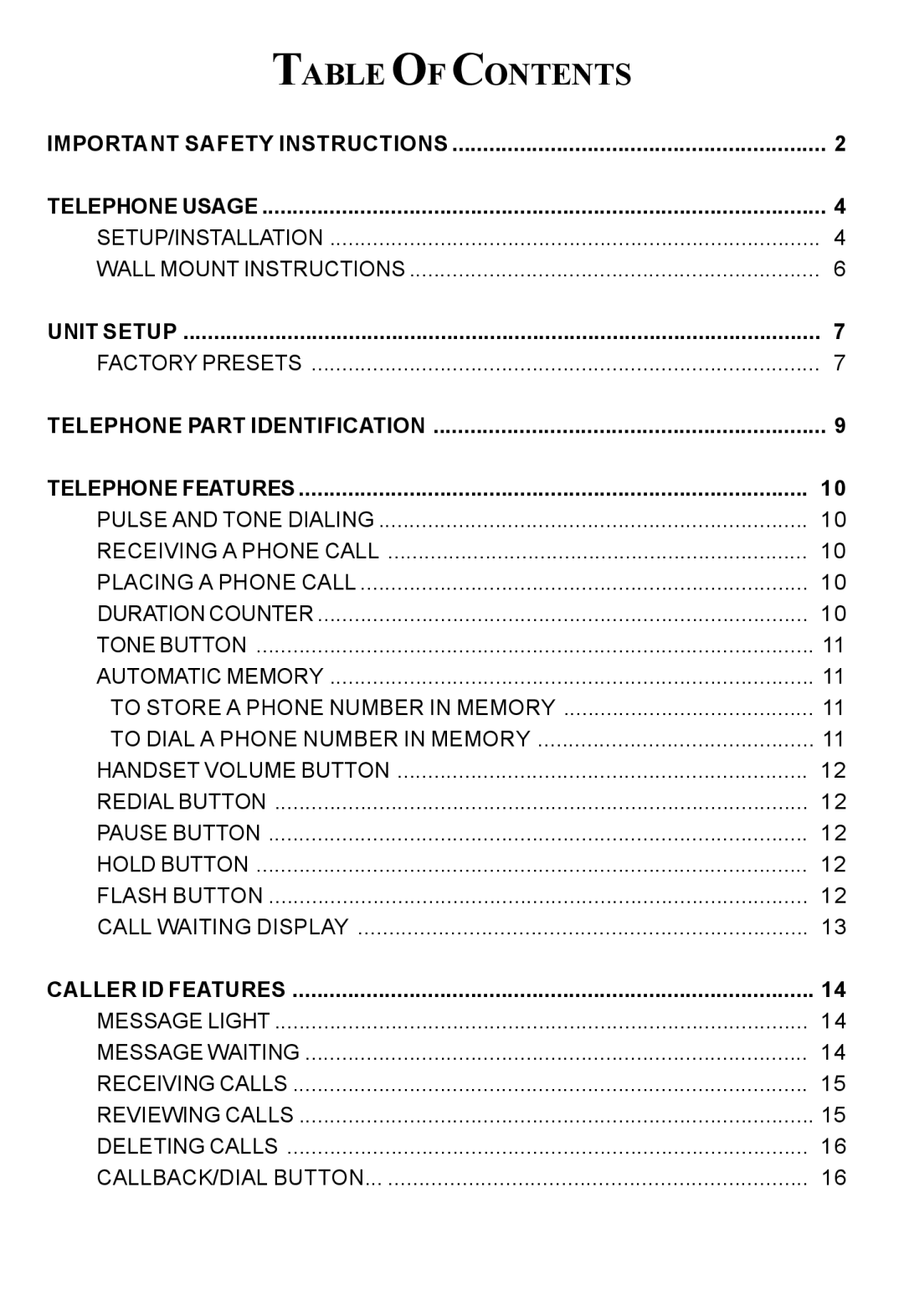 Cortelco 7150 instruction manual Table of Contents 