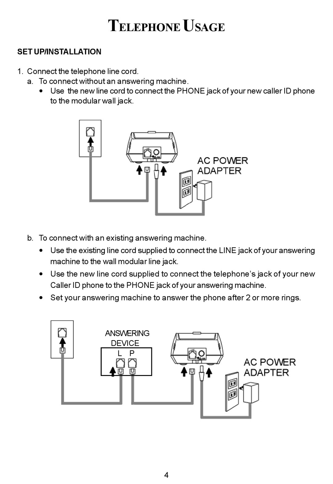 Cortelco 7150 instruction manual Telephone Usage, Set Up/Installation, Answering Device 