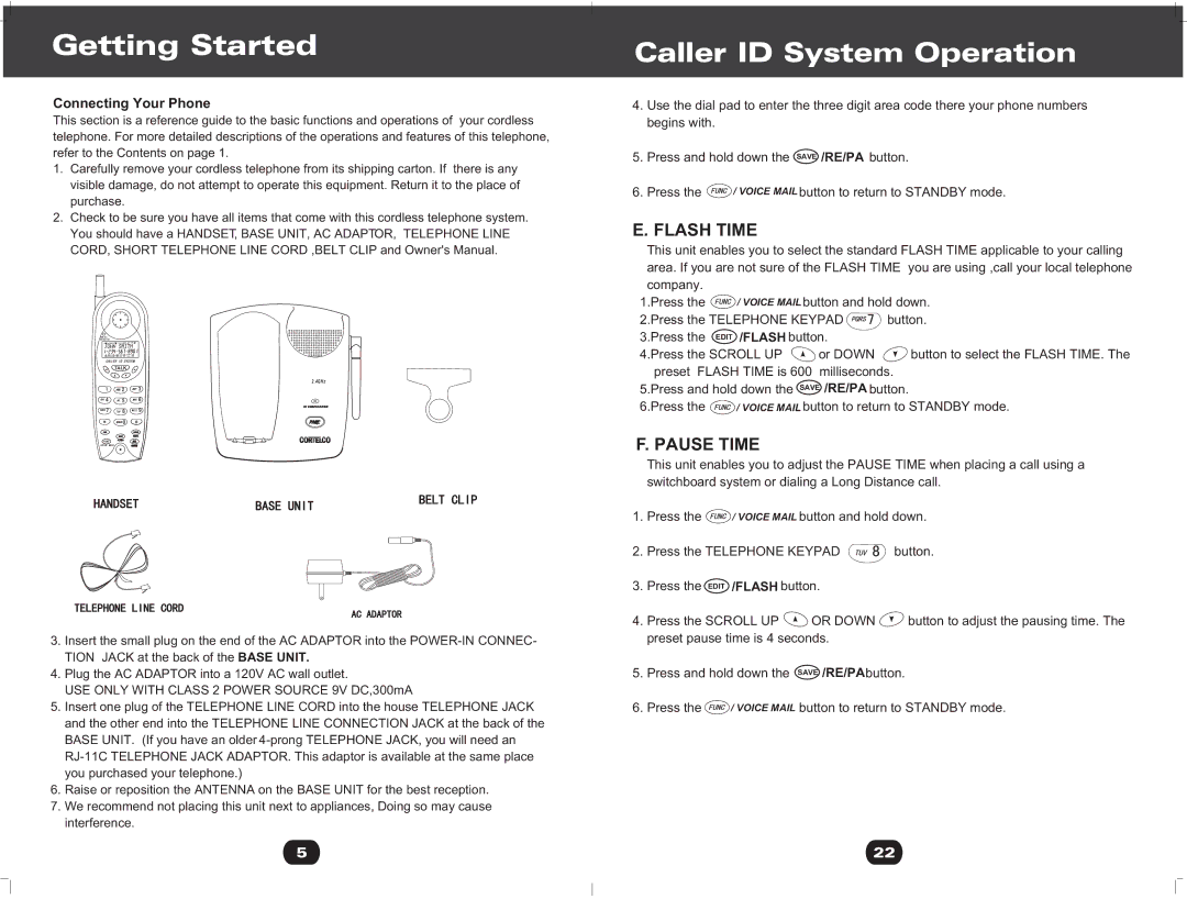 Cortelco 730901-TP2-27F owner manual Flash Time, Pause Time, Connecting Your Phone, Edit /FLASH button 