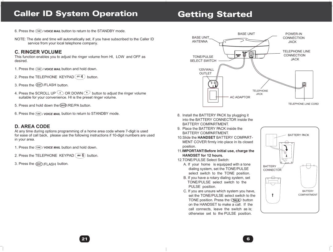 Cortelco 730901-TP2-27F owner manual Ringer Volume, Area Code, Or Down, Battery Compartment 