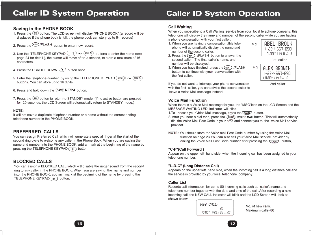 Cortelco 730901-TP2-27F Saving in the Phone Book, Preferred Calls, Blocked Calls, Call Waiting, Voice Mail Function 