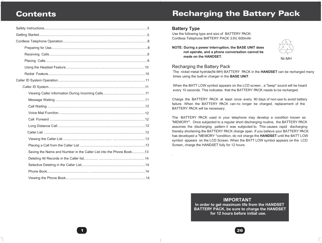 Cortelco 730901-TP2-27F owner manual Contents, Recharging the Battery Pack 