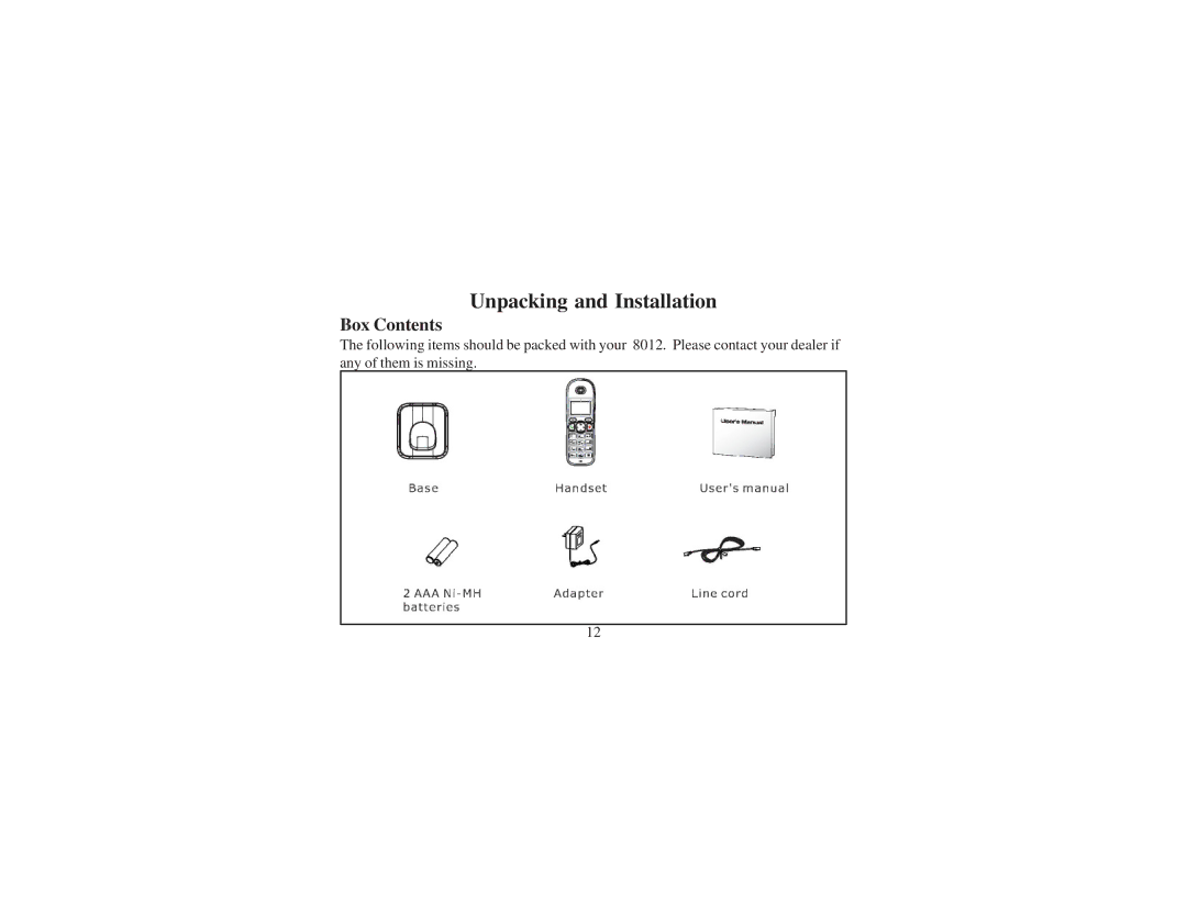 Cortelco 8012 instruction manual Unpacking and Installation, Box Contents 