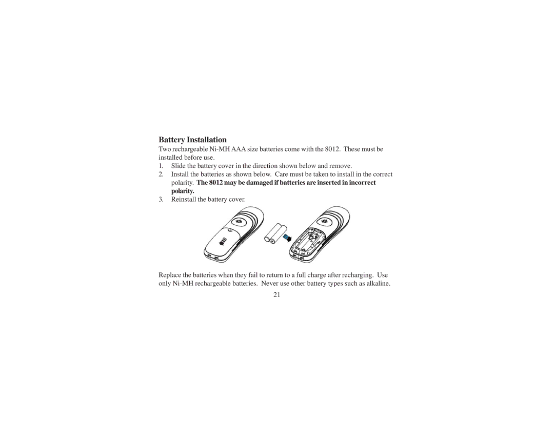 Cortelco 8012 instruction manual Battery Installation 