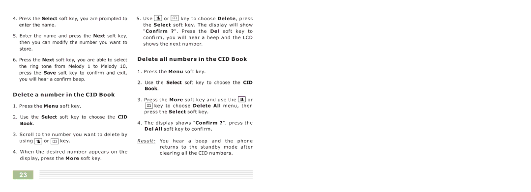 Cortelco 8015 instruction manual Delete a number in the CID Book, Delete all numbers in the CID Book 