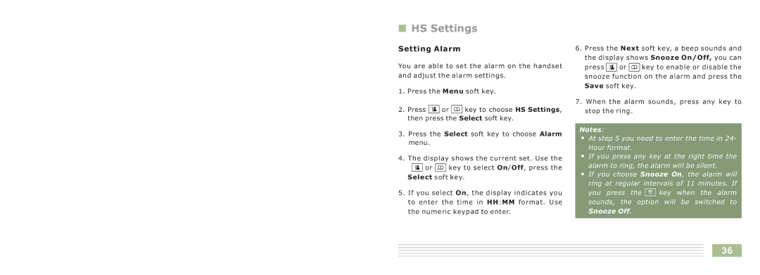 Cortelco 8015 instruction manual HS Settings, Setting Alarm 