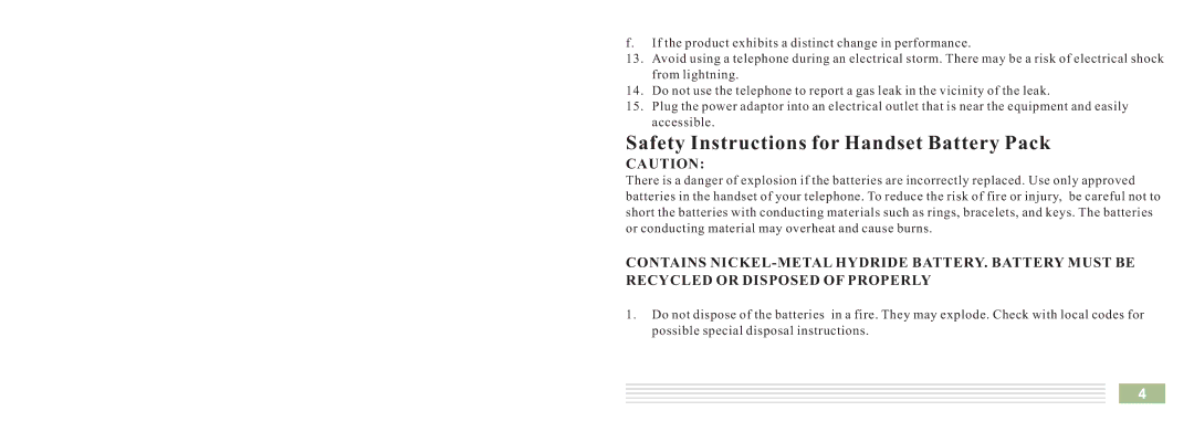 Cortelco 8015 instruction manual Safety Instructions for Handset Battery Pack 