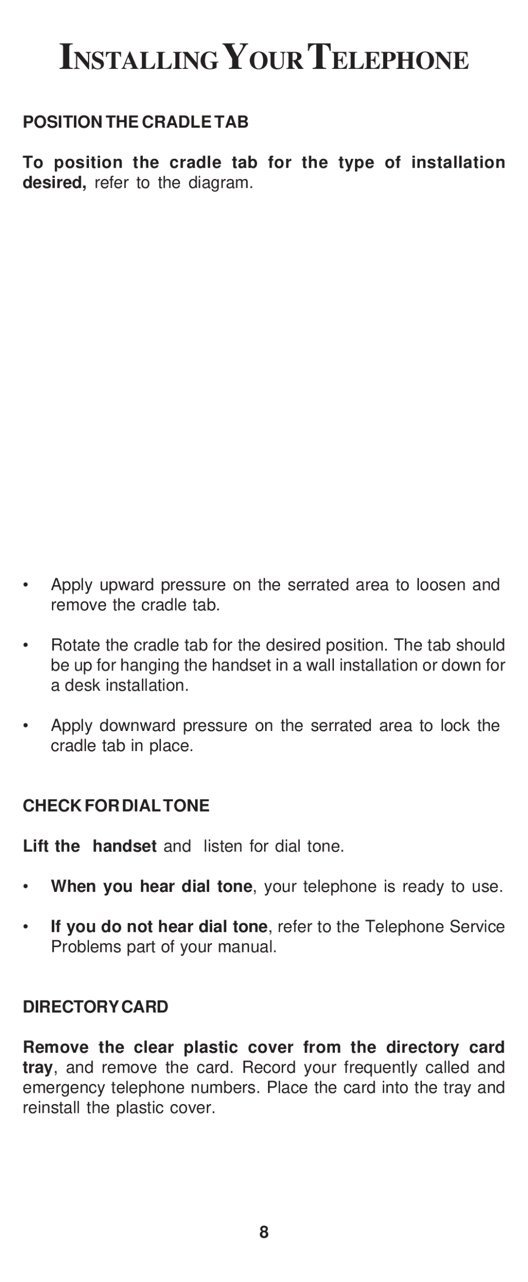 Cortelco 8150 instruction manual Position the Cradle TAB, Check for Dial Tone, Directorycard 