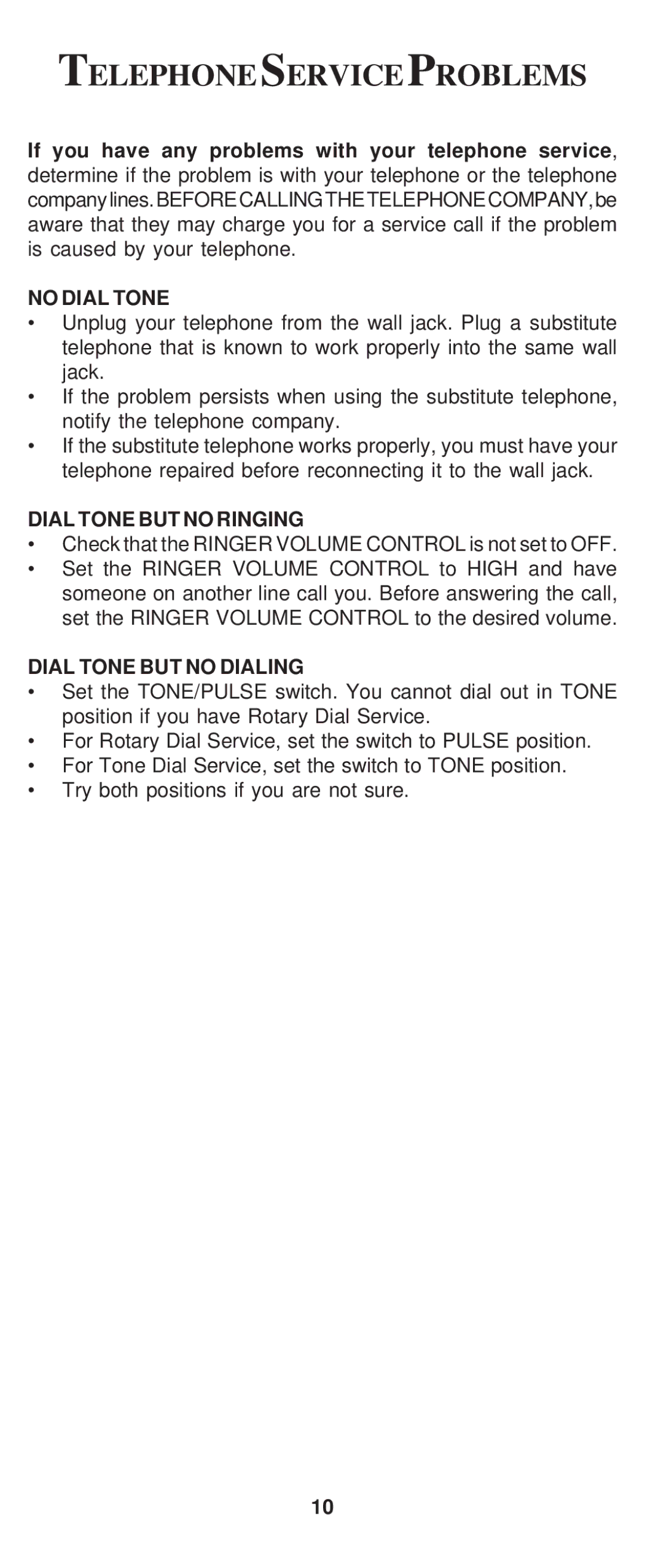 Cortelco 8150 instruction manual Telephoneserviceproblems, No Dial Tone, Dial Tone but no Ringing, Dial Tone but no Dialing 