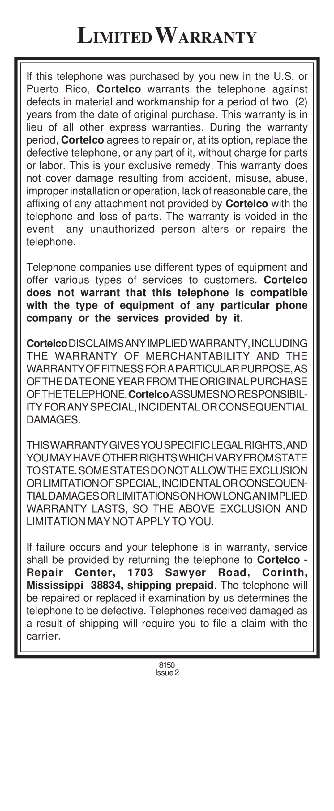 Cortelco 8150 instruction manual Limitedwarranty 