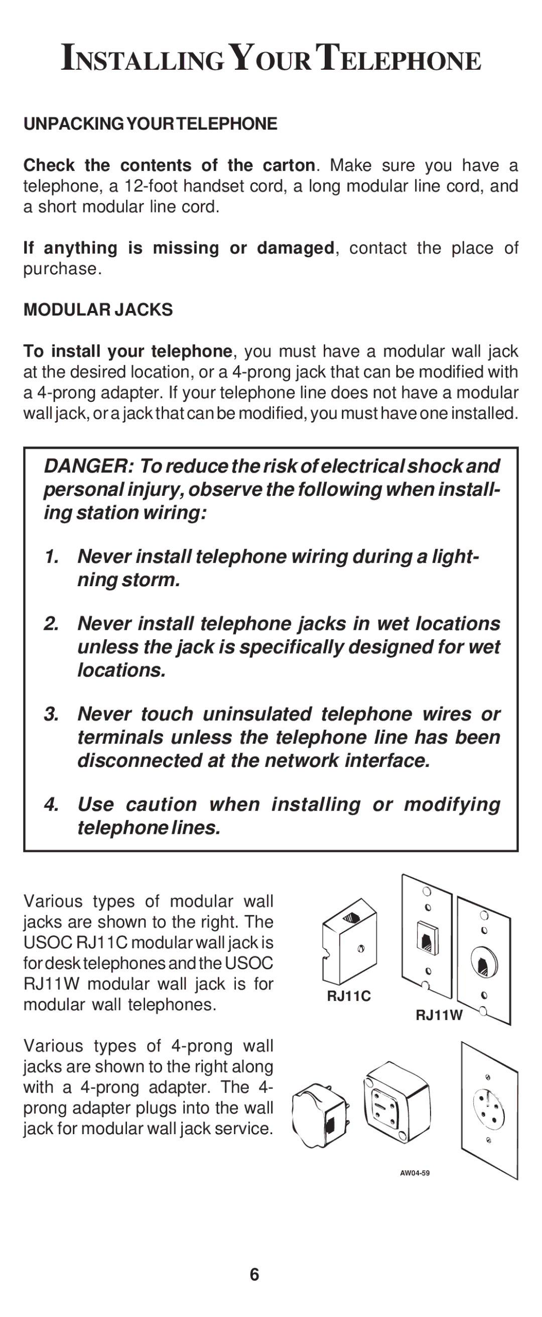 Cortelco 8150 instruction manual Installingyourtelephone, Unpackingyourtelephone, Modular Jacks 