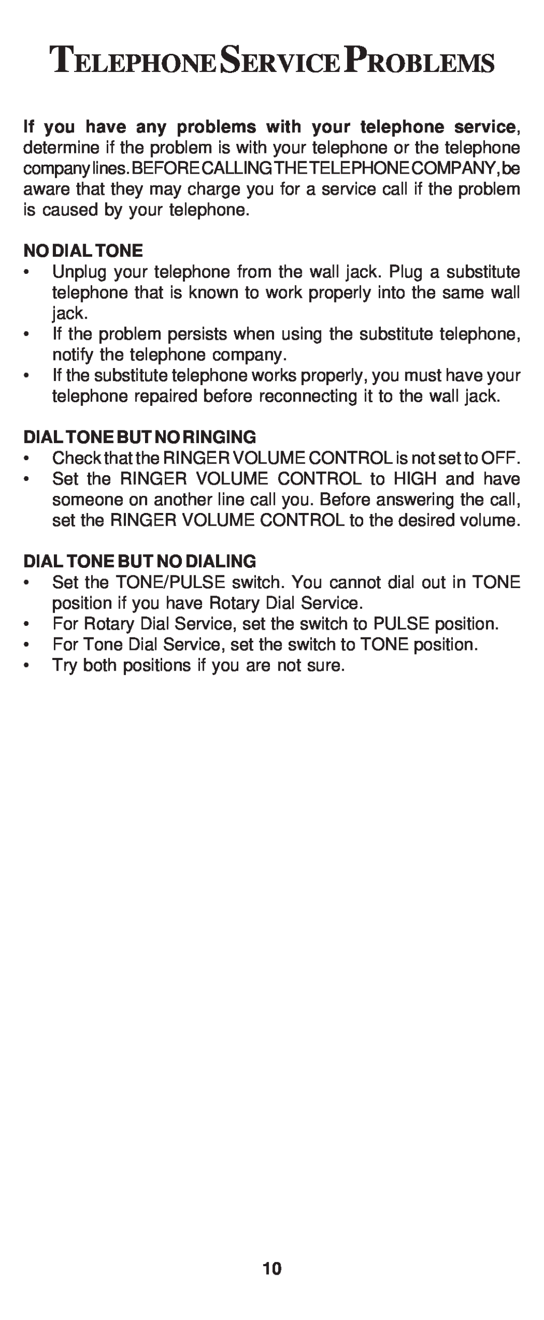 Cortelco 8150 instruction manual Telephoneserviceproblems, No Dial Tone, Dial Tone But No Ringing, Dial Tone But No Dialing 