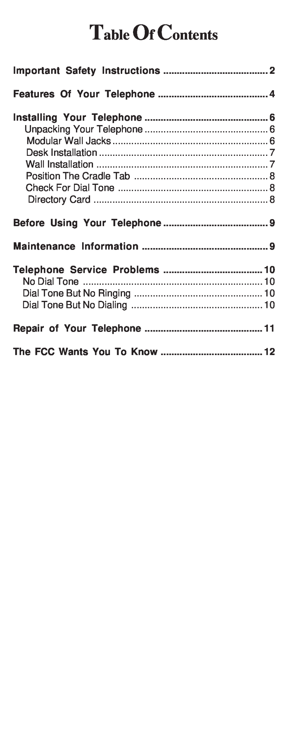 Cortelco 8150 Table Of Contents, Telephone Service Problems, Repair of Your Telephone, The FCC Wants You To Know 