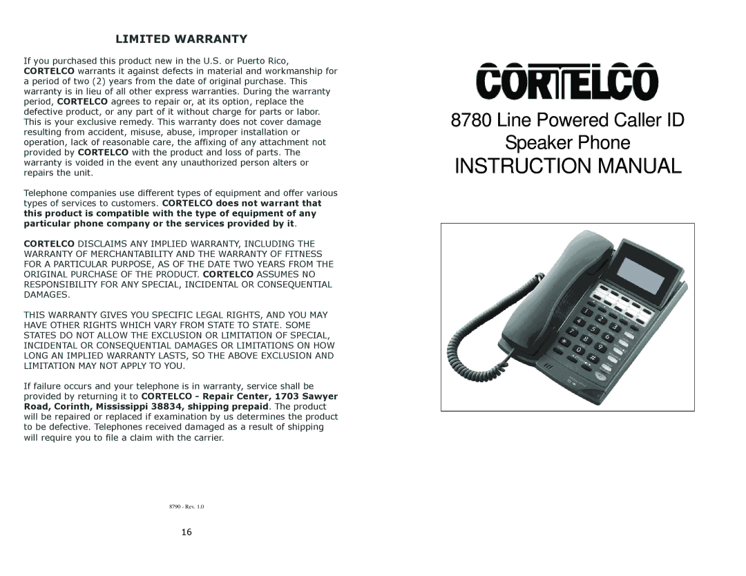 Cortelco 8780 instruction manual Limited Warranty 