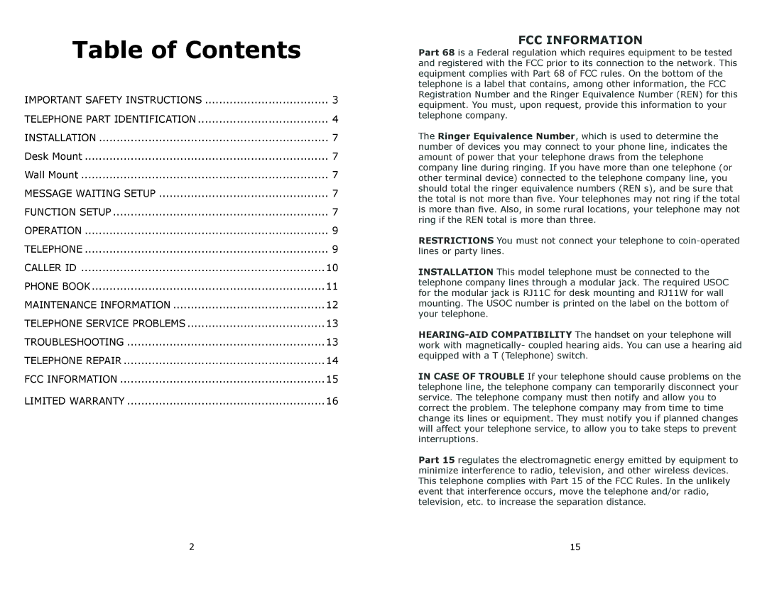 Cortelco 8780 instruction manual Table of Contents 