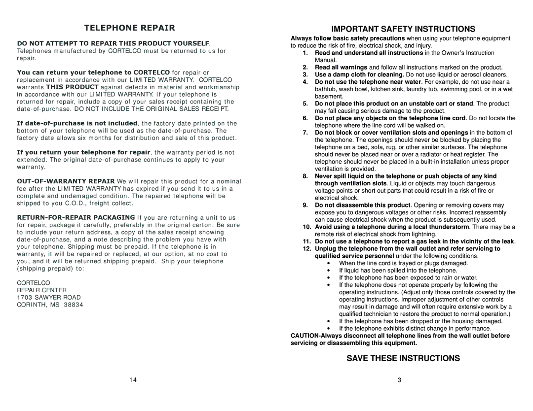 Cortelco 8780 instruction manual Telephone Repair, Important Safety Instructions 