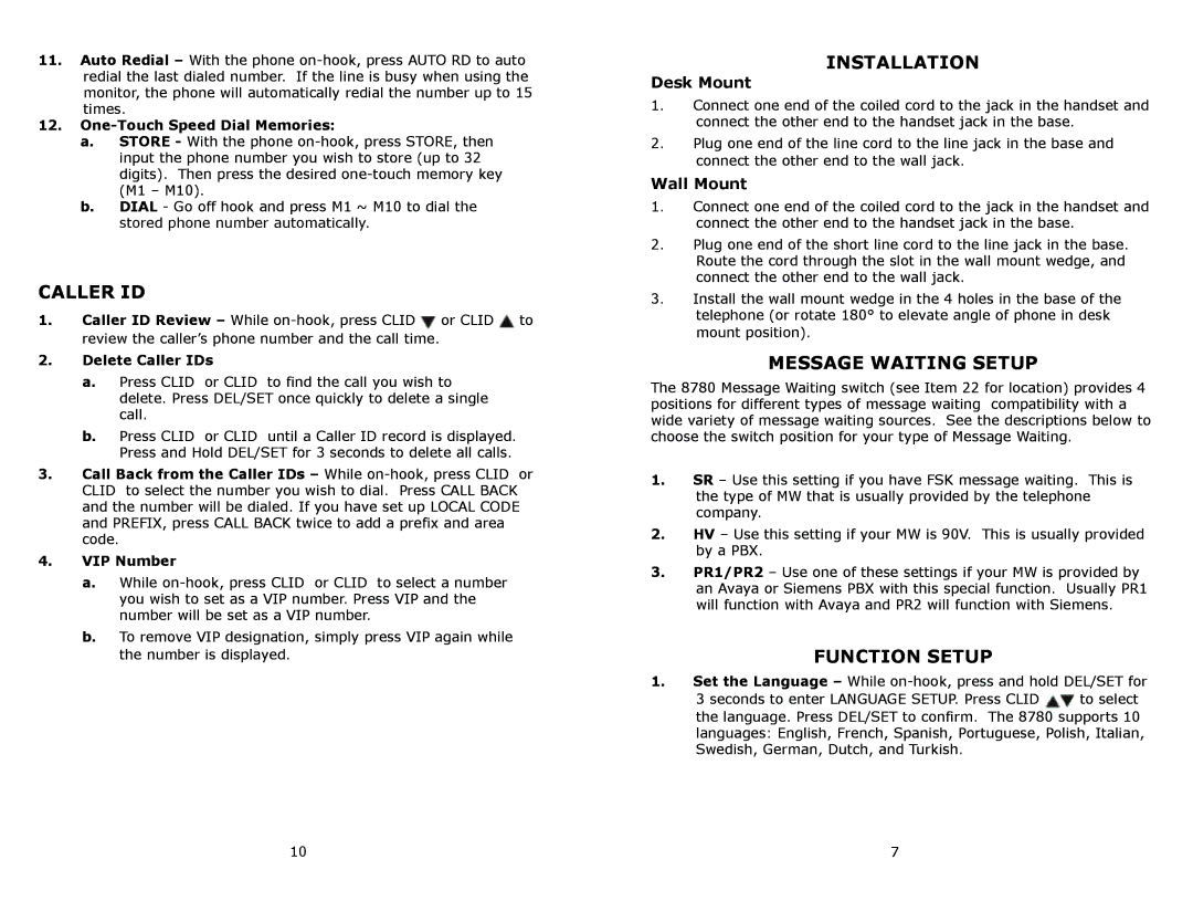 Cortelco 8780 instruction manual Caller ID, Installation, Message Waiting Setup, Function Setup 