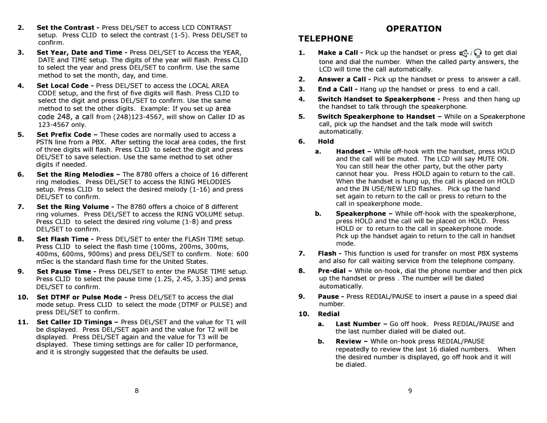 Cortelco 8780 instruction manual Operation Telephone 