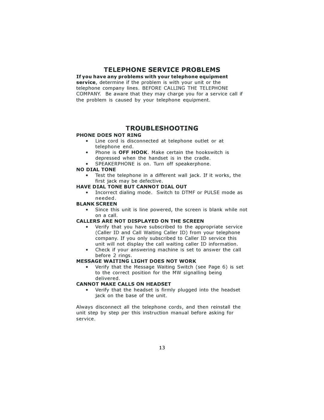 Cortelco 8782 instruction manual Telephone Service Problems, Troubleshooting 