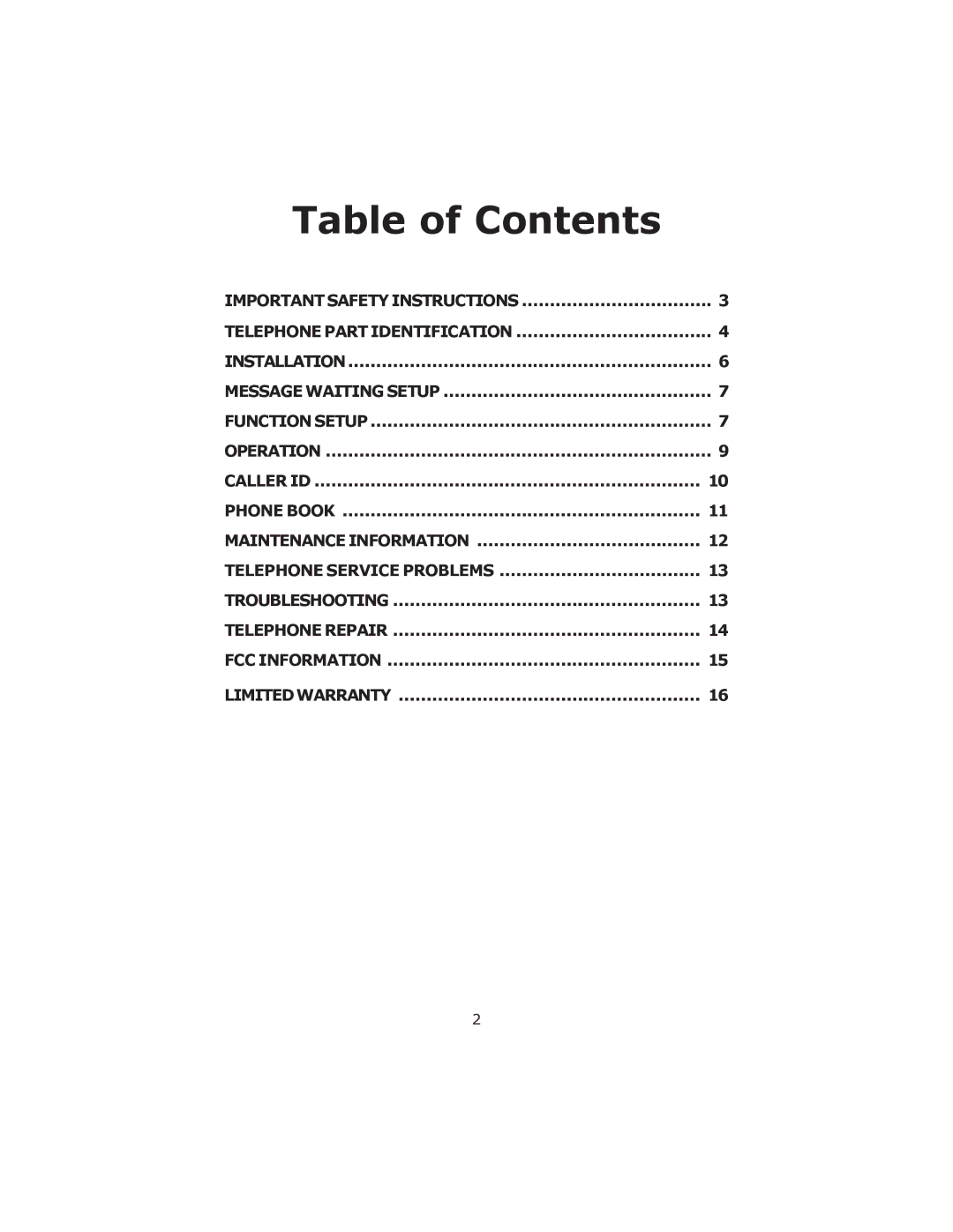 Cortelco 8782 instruction manual Table of Contents 