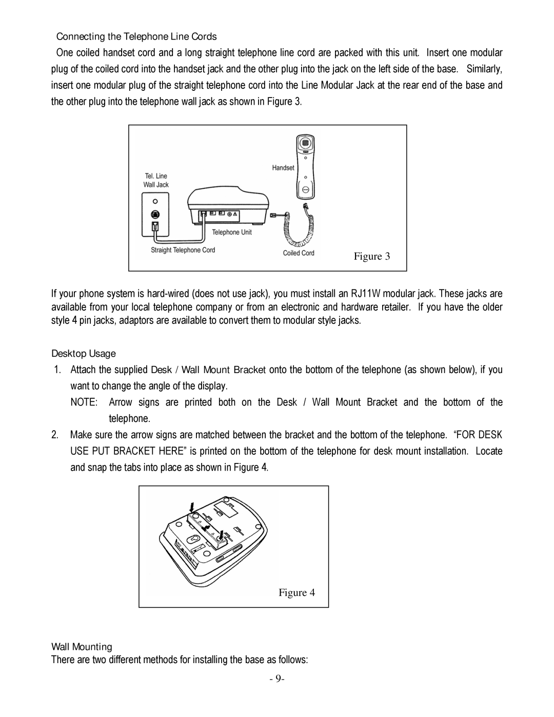 Cortelco 879015-TP2-27S operating instructions Connecting the Telephone Line Cords, Desktop Usage, Wall Mounting 