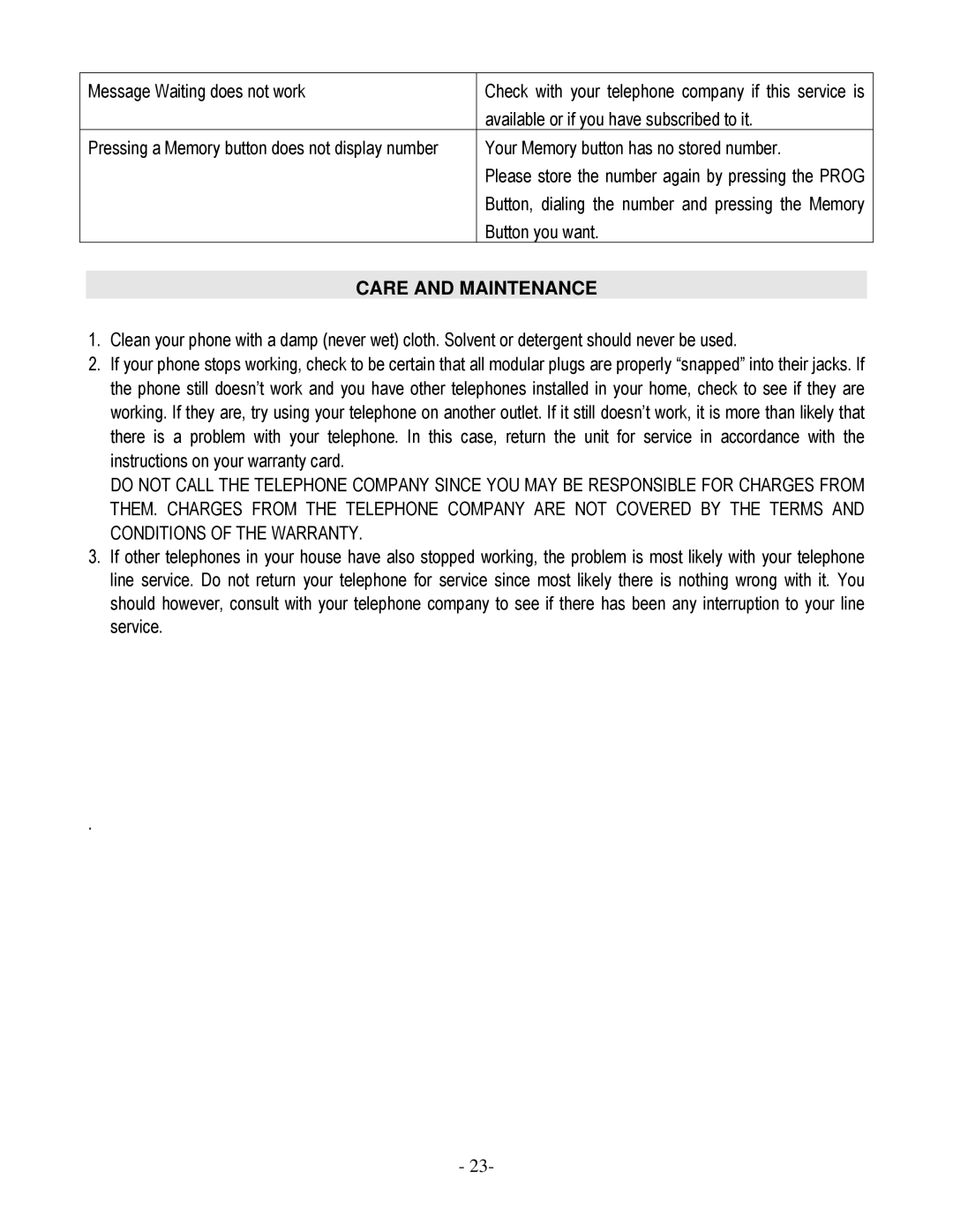 Cortelco 879015-TP2-27S operating instructions Care and Maintenance 