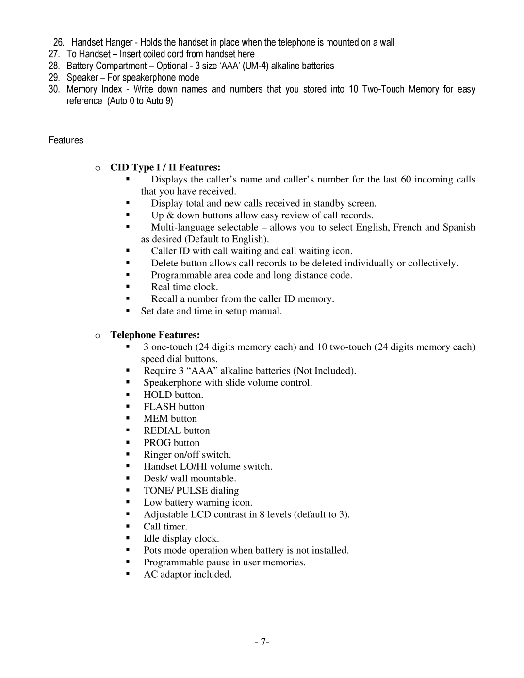 Cortelco 879015-TP2-27S operating instructions CID Type I / II Features 