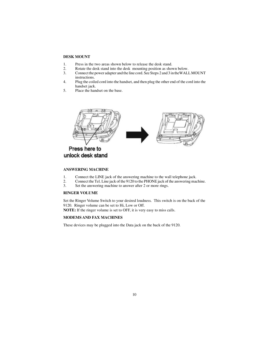 Cortelco 9120 instruction manual Desk Mount, Answering Machine, Ringer Volume, Modems and FAX Machines 