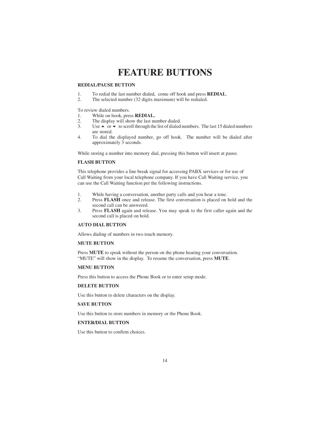 Cortelco 9120 instruction manual Feature Buttons 