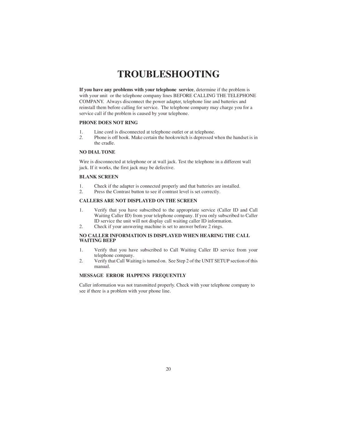 Cortelco 9120 instruction manual Troubleshooting 