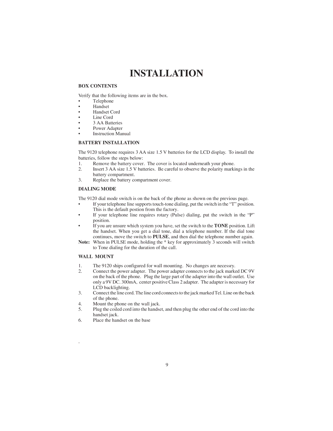 Cortelco 9120 instruction manual BOX Contents, Battery Installation, Dialing Mode, Wall Mount 