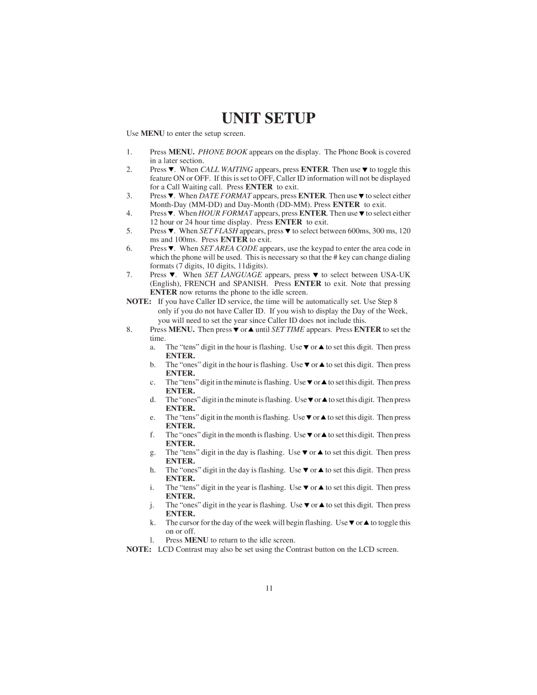 Cortelco 9125 instruction manual Unit Setup, Enter 