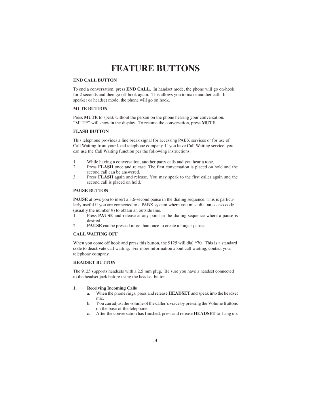 Cortelco 9125 instruction manual Feature Buttons 